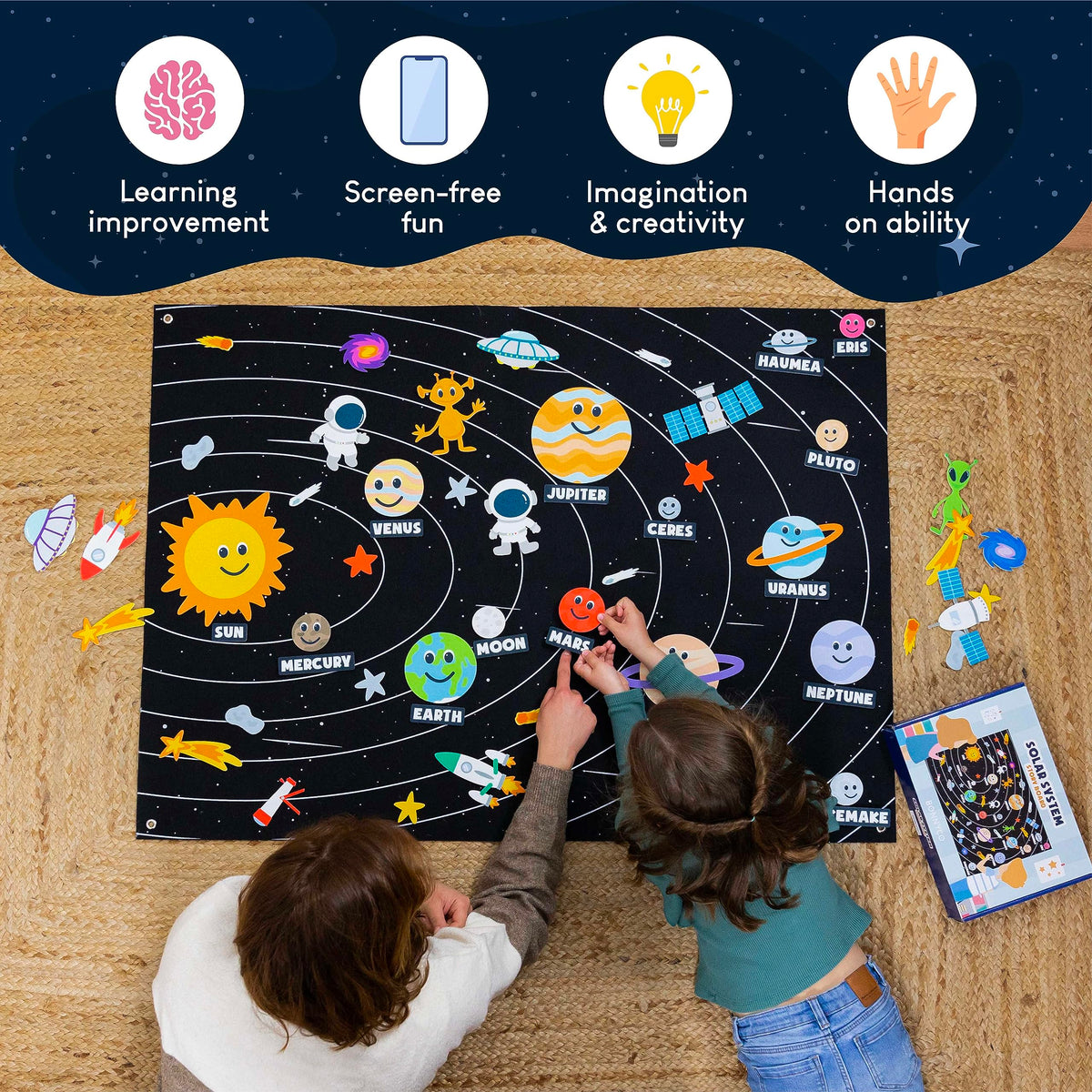 Kid friendly wall mounted solar system model installed in a children playroom background