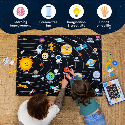 Kid friendly wall mounted solar system model installed in a children playroom background