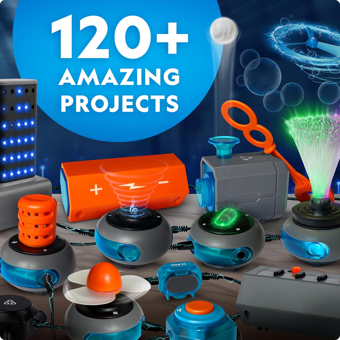 National Geographic electricity set components arrayed flat showcasing the colourful snap-together pieces and fiber optic bundle.