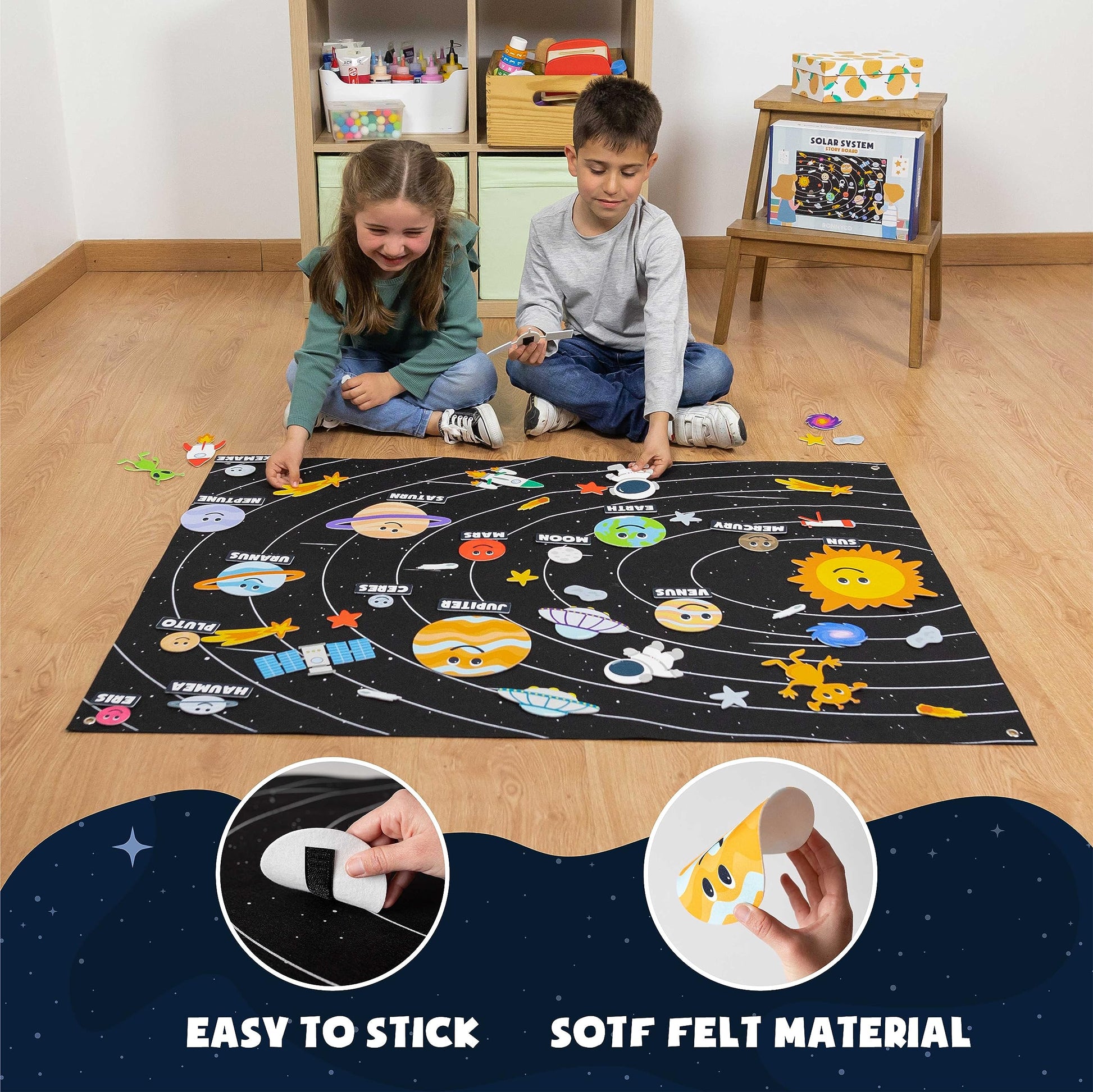 Fine motor skill development activity featuring toddler hands adjusting felt planet cutouts