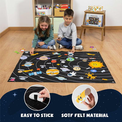 Fine motor skill development activity featuring toddler hands adjusting felt planet cutouts