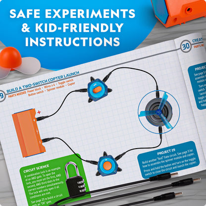 An institutional step by step manual open alongside electronic project blocks highlighting the detailed kid friendly schematic diagrams.