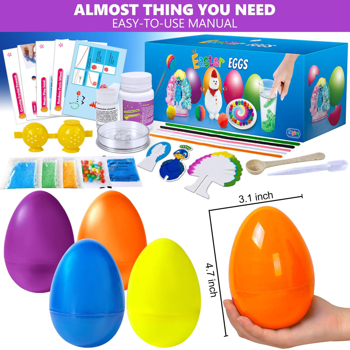 Four large prefilled science surprise eggs unboxed with various STEM experiment components displayed