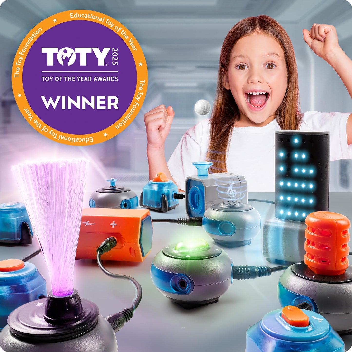 A child safely operating the keyboard mode circuit project built from the premium Blue Marble electricity learning set.