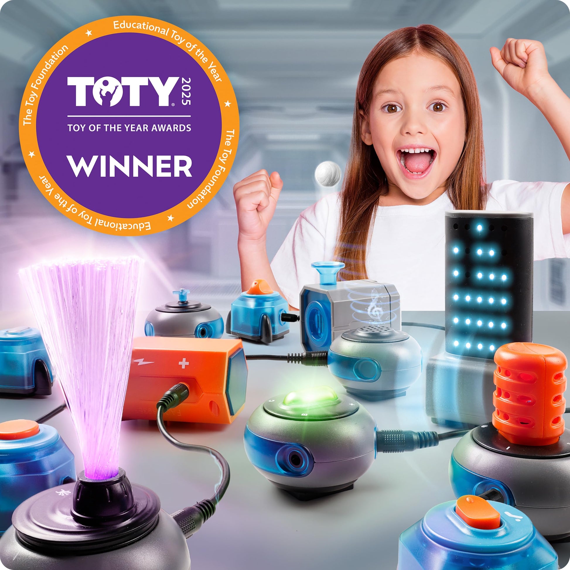 A child safely operating the keyboard mode circuit project built from the premium Blue Marble electricity learning set.
