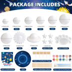 Assembled 3D solar system model kit with painted foam balls on a circular display base.