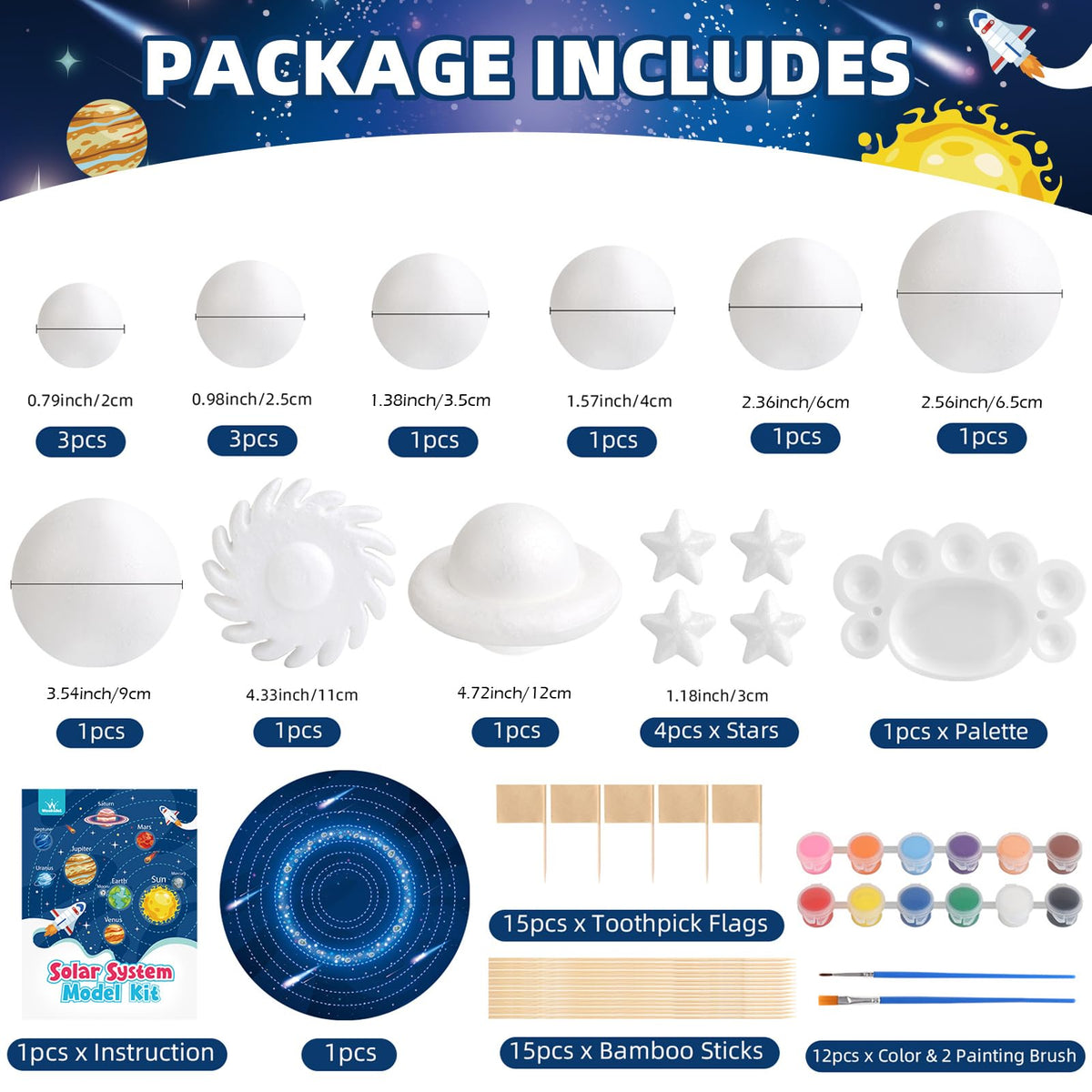 Assembled 3D solar system model kit with painted foam balls on a circular display base.
