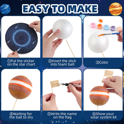 Acrylic paint palette with twelve vibrant colors and paintbrushes for customizing the foam planets.