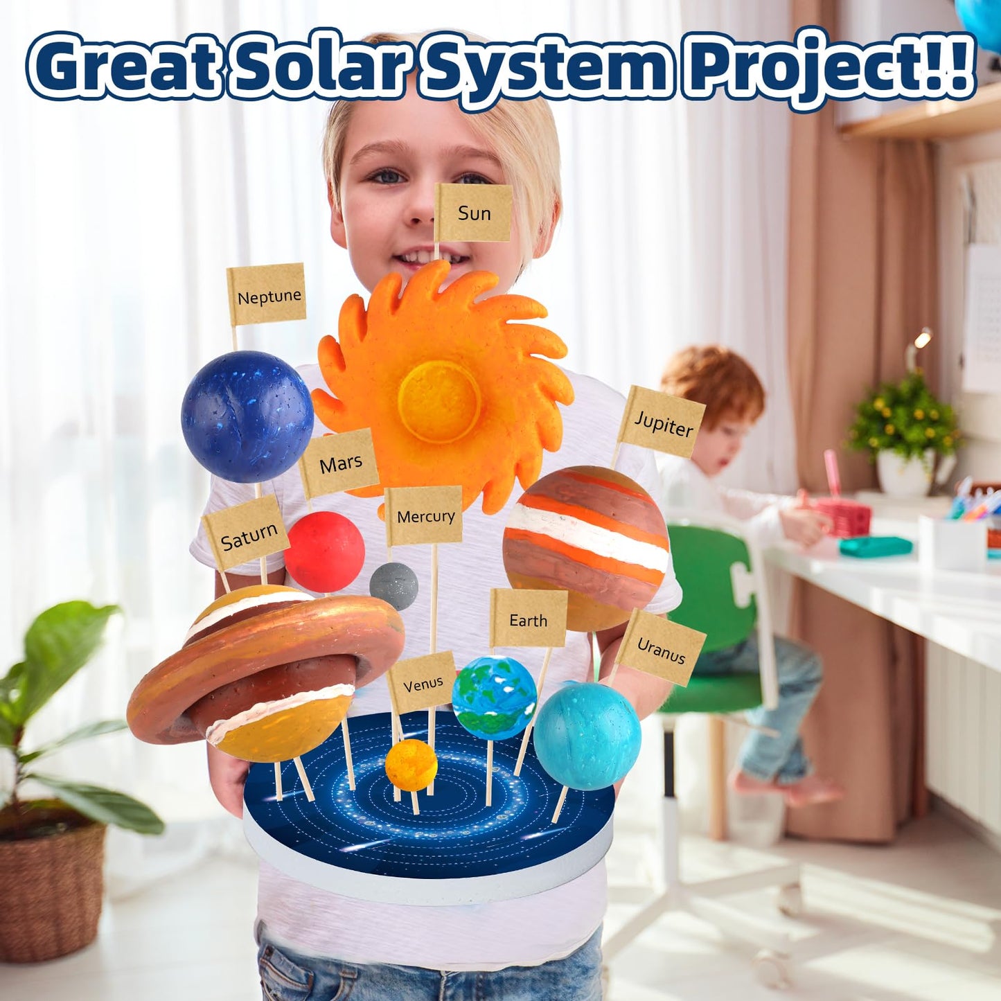 Kids using the wookidel solar system kit to paint and build a school science exhibition project.