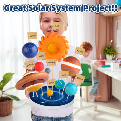 Kids using the wookidel solar system kit to paint and build a school science exhibition project.