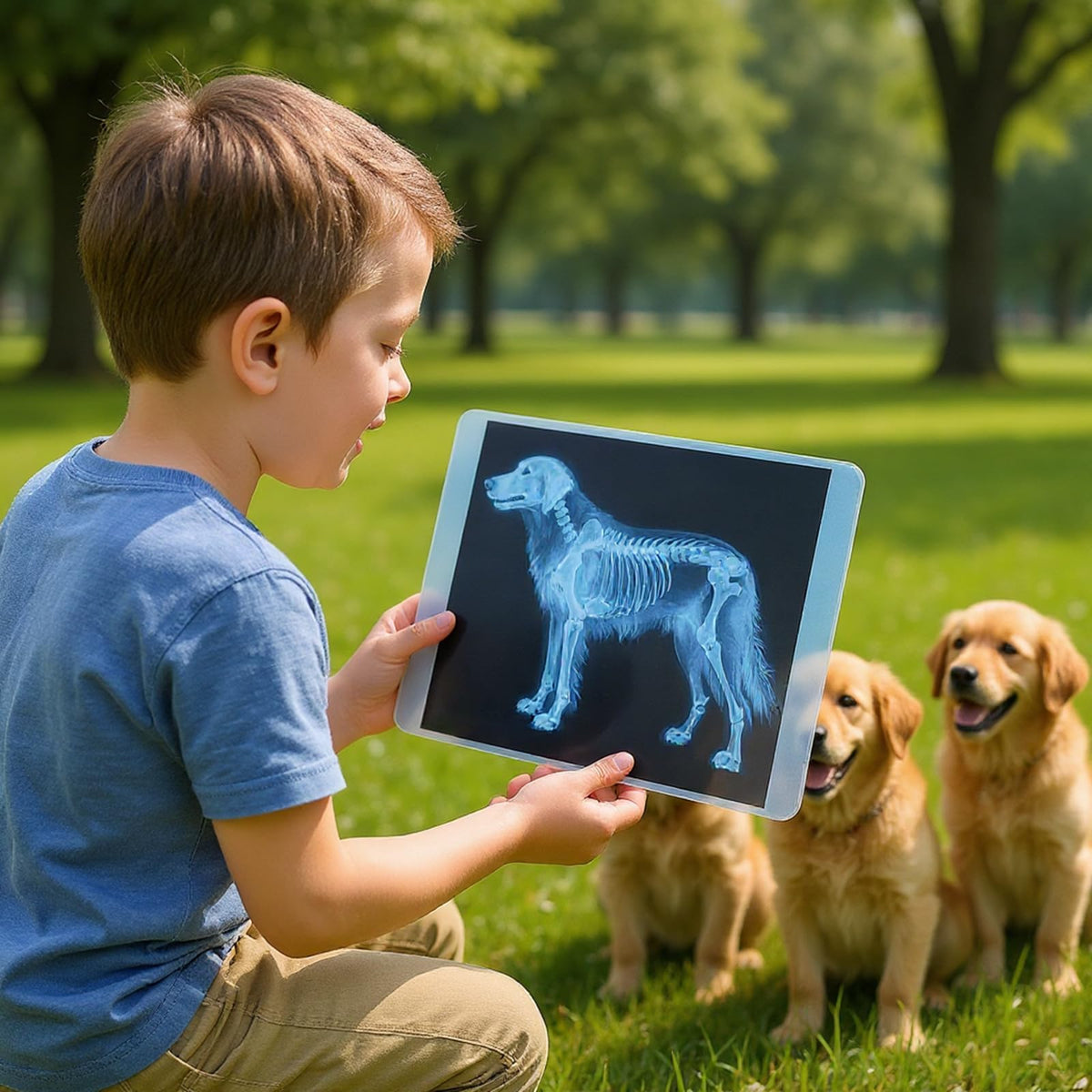 Children using the Odoorgames pet x-rays set on an illuminated light table to study a dog skeletal structure