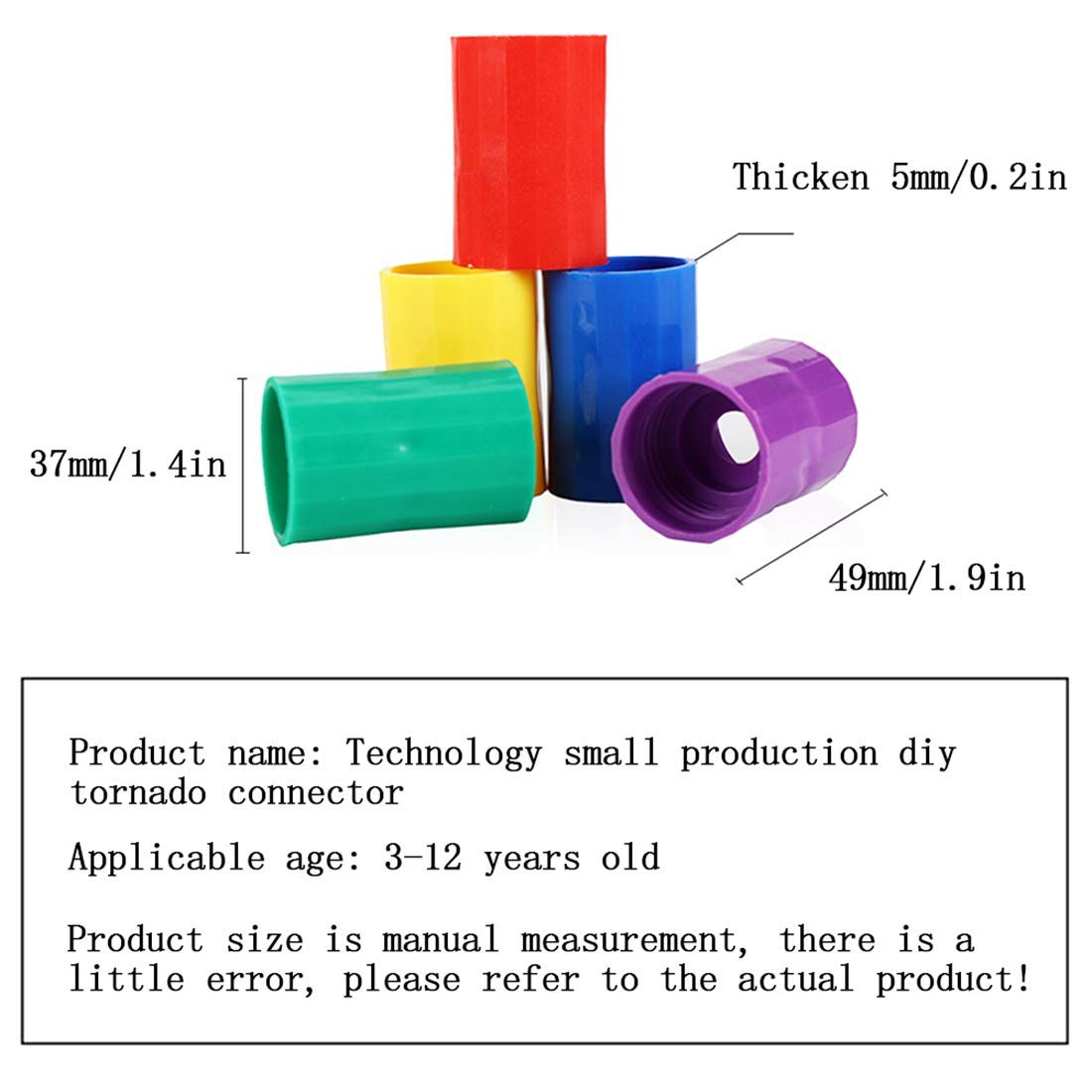 Five pieces of multi colored plastic tornado connectors for student STEM projects