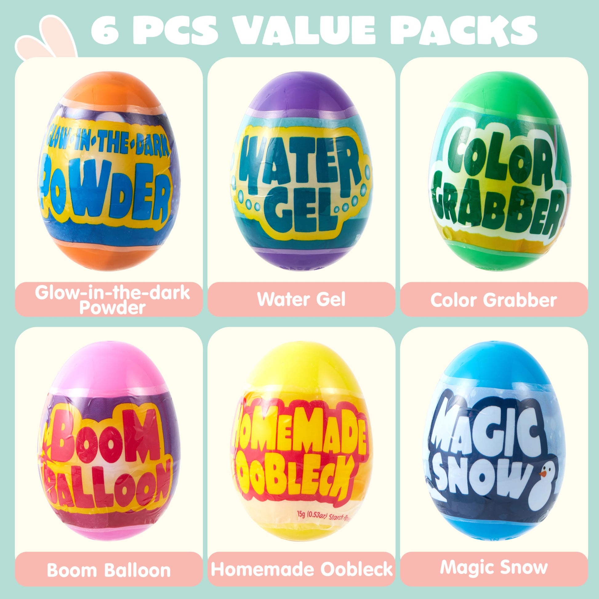 Six colorful plastic Easter eggs containing educational STEM science kits