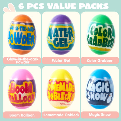 Six colorful plastic Easter eggs containing educational STEM science kits