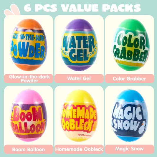 Six colorful plastic Easter eggs containing educational STEM science kits