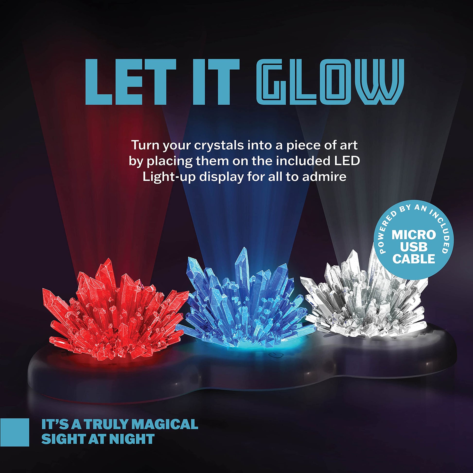 Close up view of fully formed red and blue crystals glowing brightly on an illuminated LED display stand.