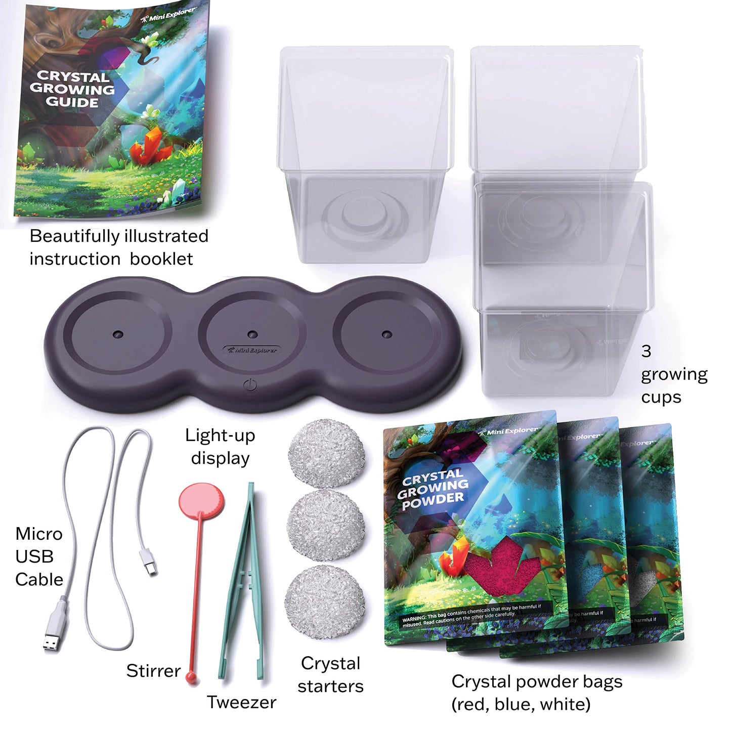 The complete contents of the STEM educational toy set unboxed including powders seed rocks tools and USB cable.