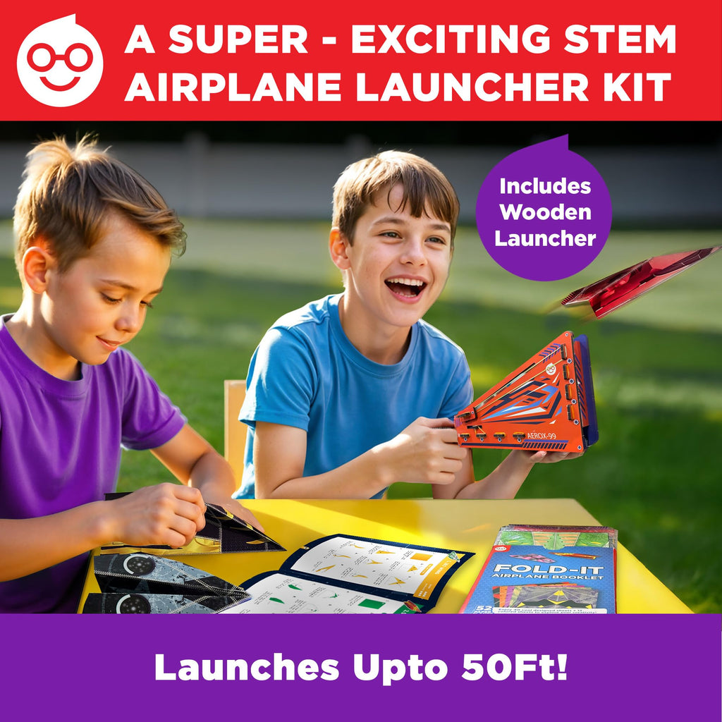 Five distinct pre-printed paper airplane sheets showing colorful aerodynamic patterns.