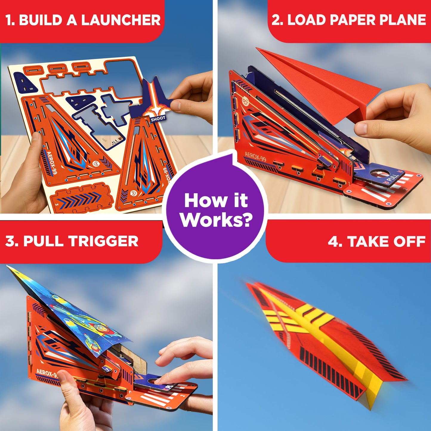 Child folding an authentic Doctor Jupiter paper plane using the step-by-step instruction booklet.
