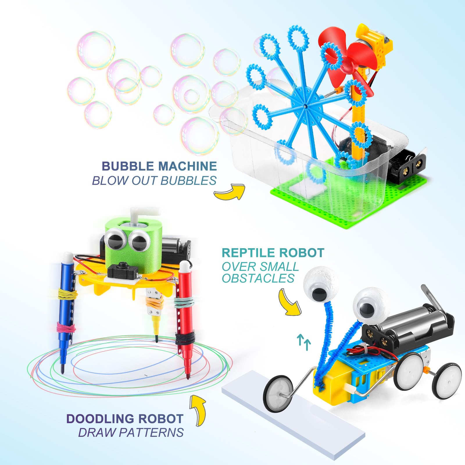 Assembled reptile robot and balance car from the electronic science experiments set.