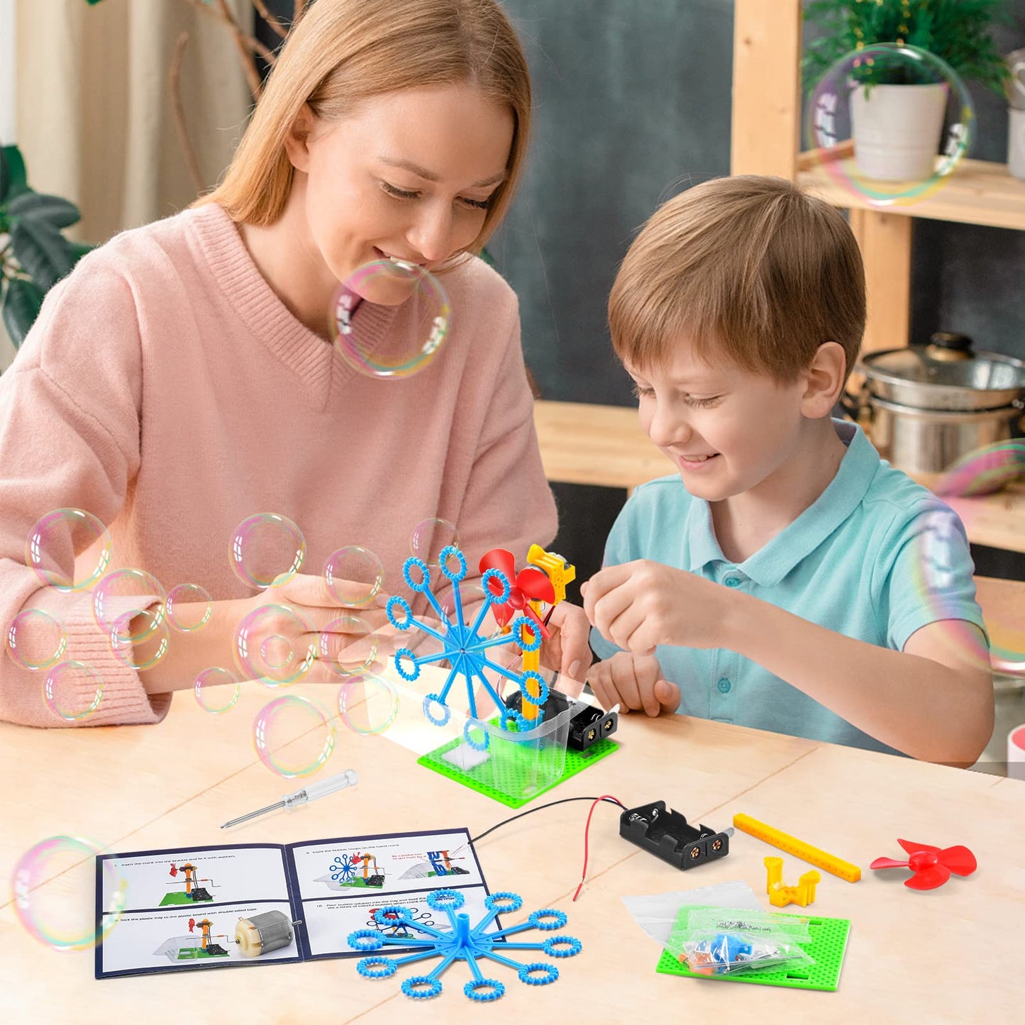 Detailed close up of the premium gears, motors, and wires included in the educational toy package.