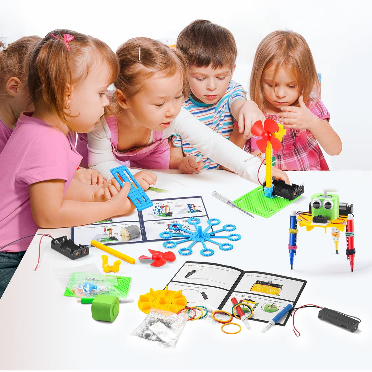 A child carefully connecting electrical wires using the step by step instruction guide.