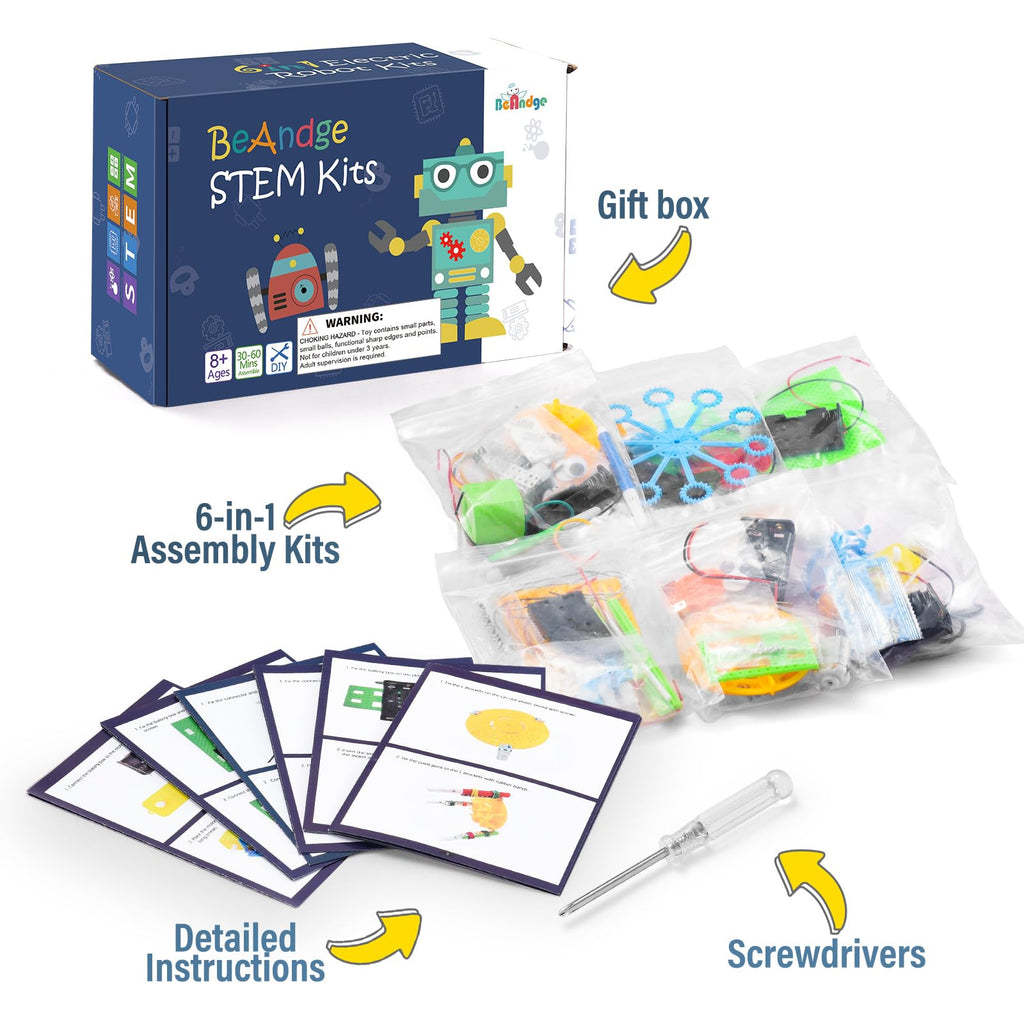Back view of product packaging detailing the educational benefits of the six robotics projects.