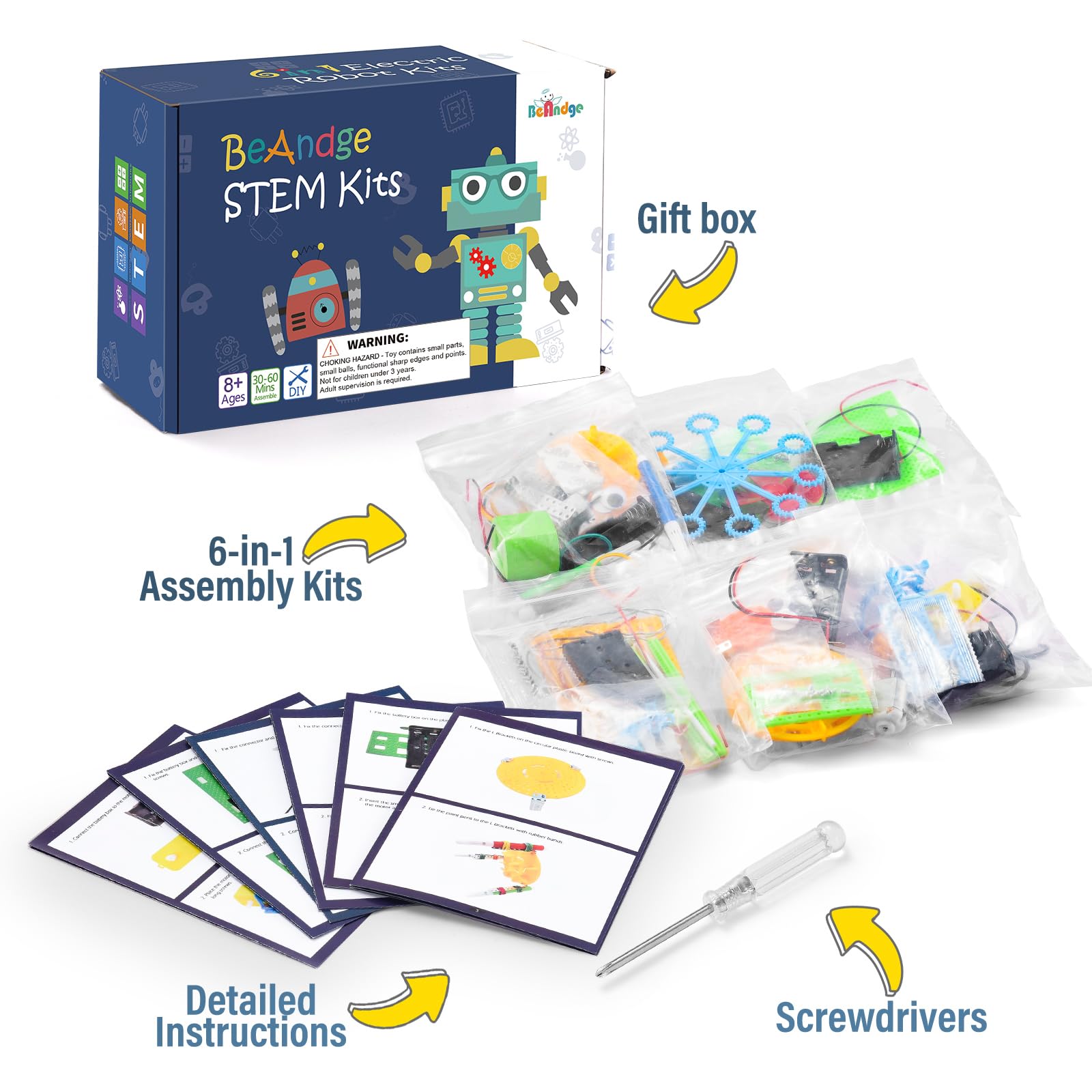 Back view of product packaging detailing the educational benefits of the six robotics projects.