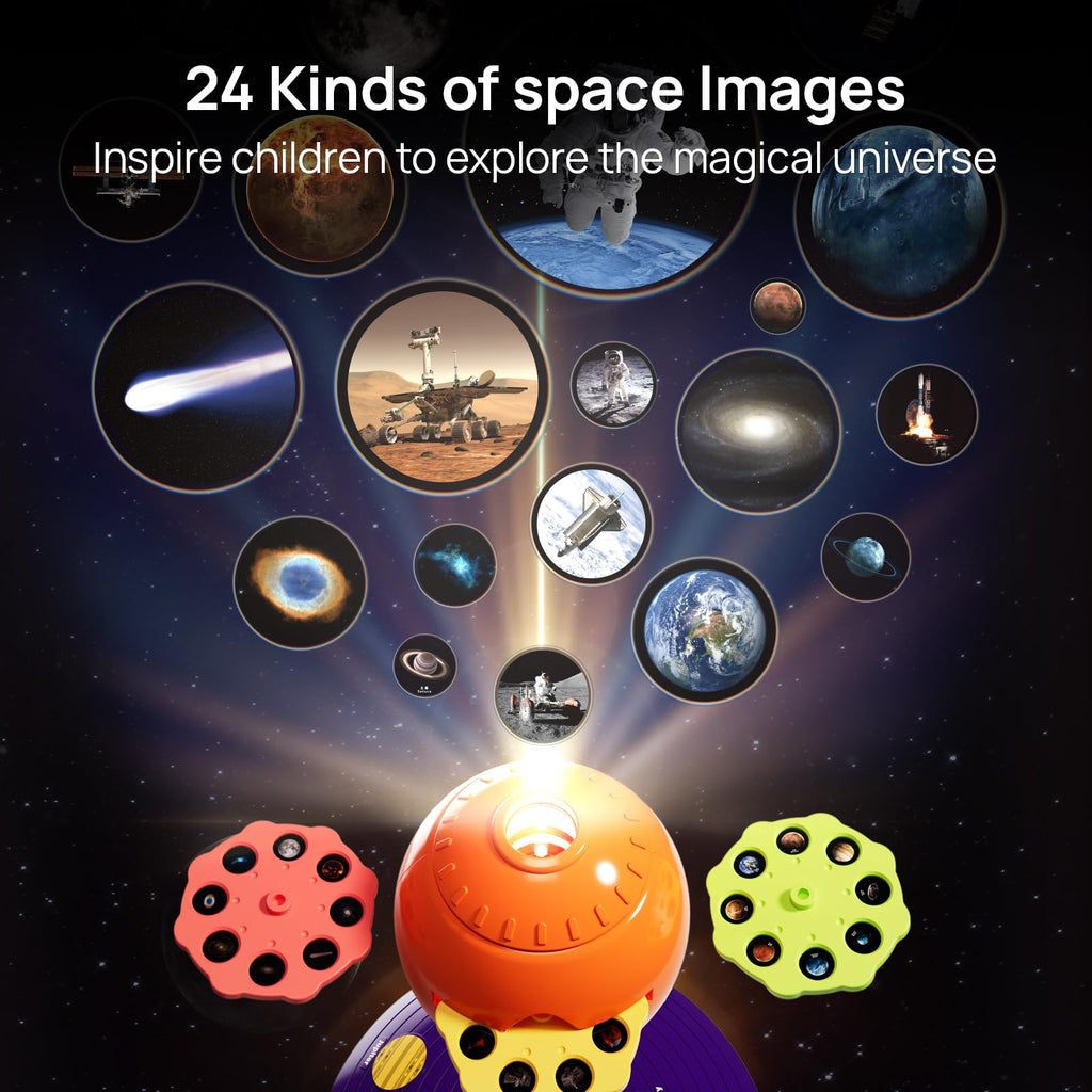 Side perspective of the Science Can STEM space toy model kit demonstrating movable arms and adjustable projector lens focus knob