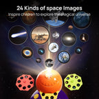 Side perspective of the Science Can STEM space toy model kit demonstrating movable arms and adjustable projector lens focus knob