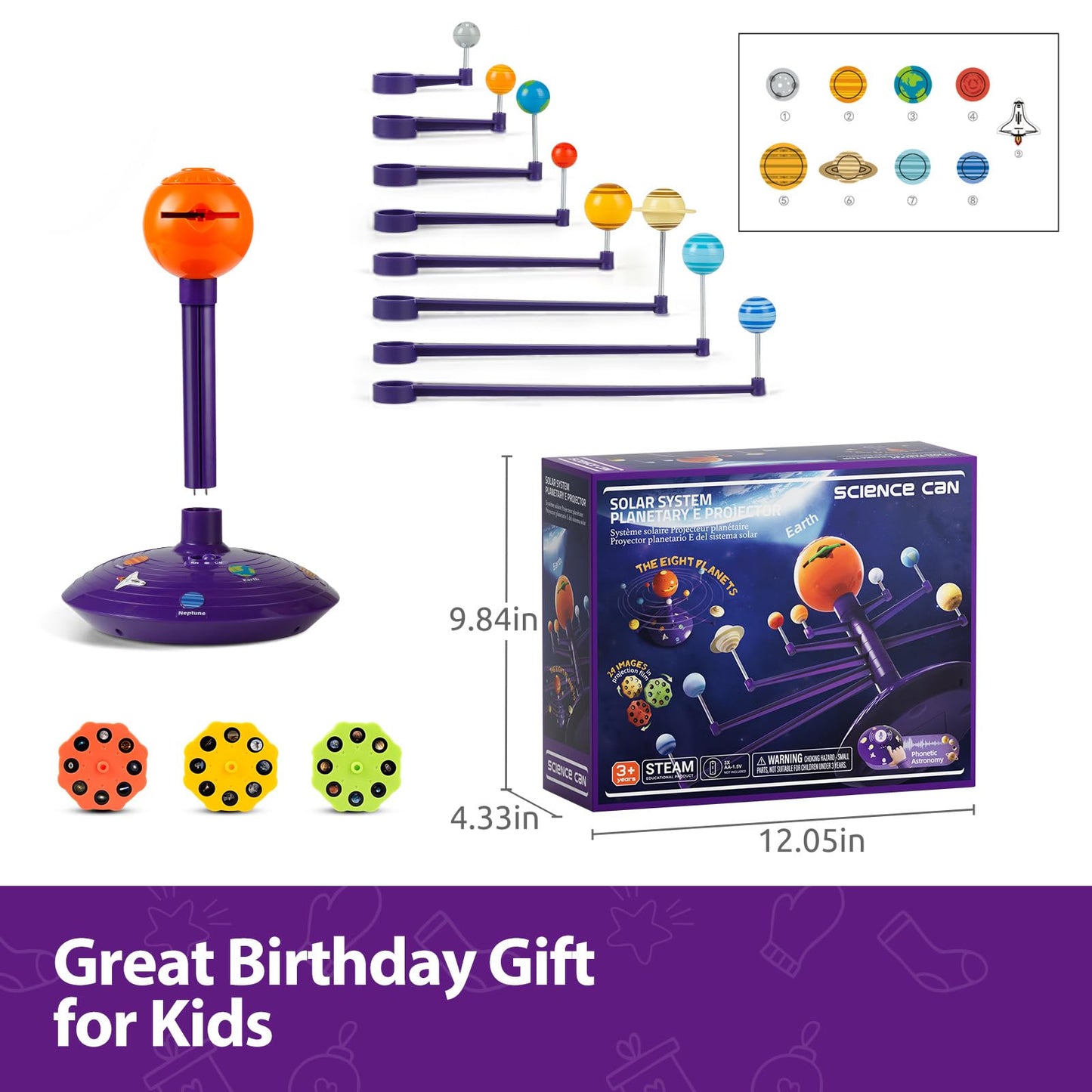 Detailed structural setup instruction image for the Science Can solar system kit showing proper click connection points