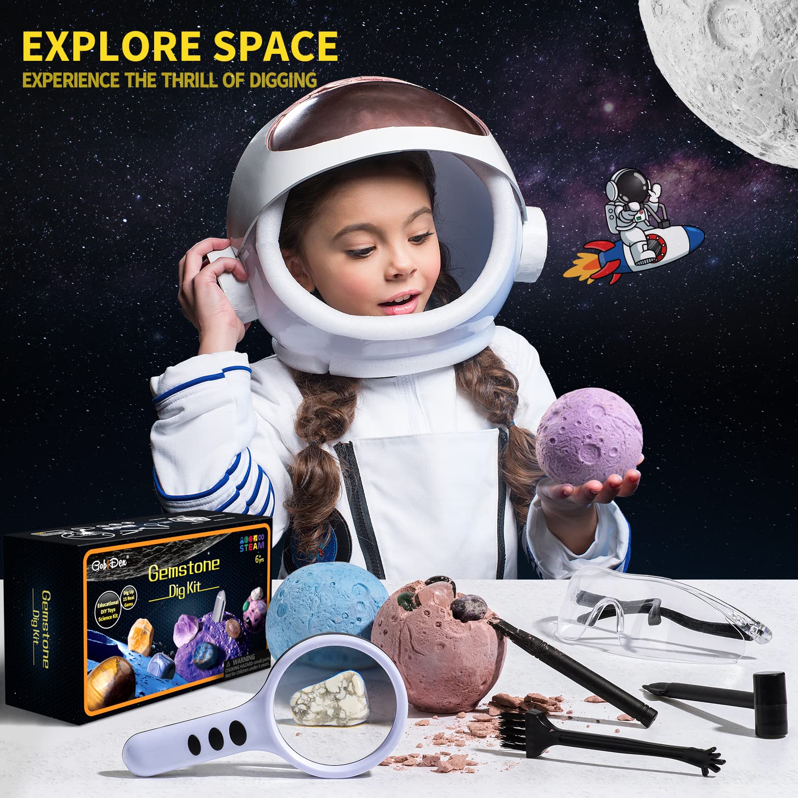Children using the GobiDex hammer and chisel tools to excavate gems from a planet block.