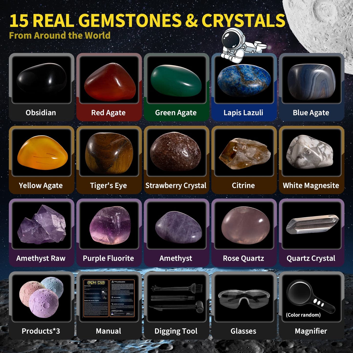 Fifteen real gemstones spread out next to the GobiDex full color learning identification guide.