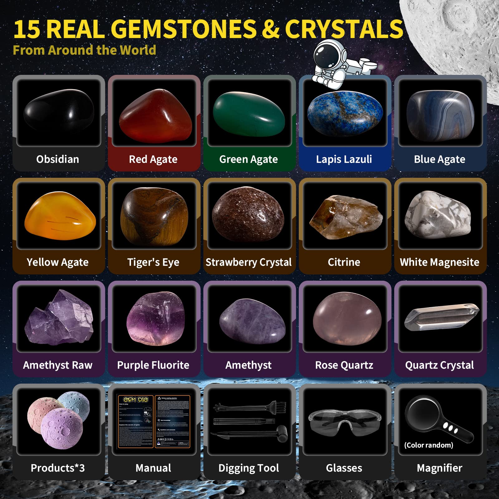 Fifteen real gemstones spread out next to the GobiDex full color learning identification guide.
