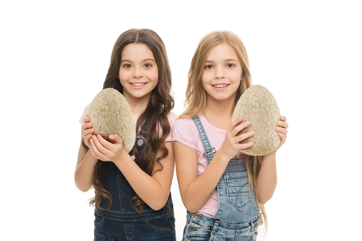 Children using the mallet and chisel tools to dig into the seven inch plaster dinosaur egg.