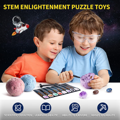 A young boy and girl happily discovering hidden crystals using the GobiDex STEM educational kit.