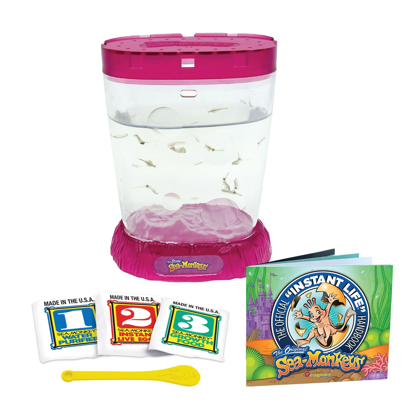 Sea Monkeys instant pets science kit packaging detailing the included water purifier live eggs and growth food packets