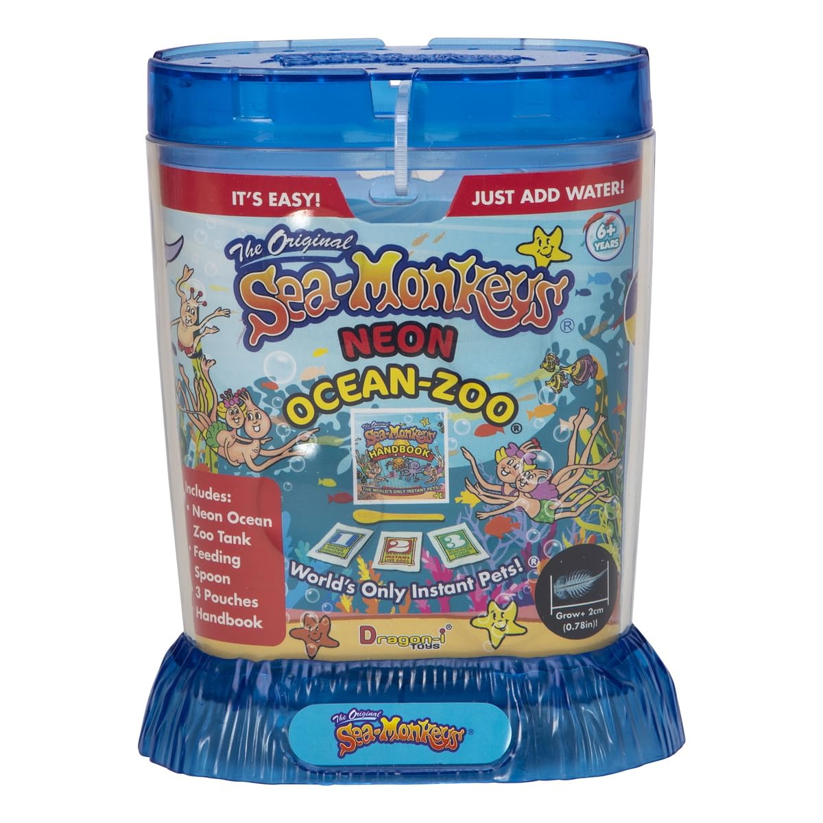 Close up view of the Sea Monkeys neon tank showing the ventilated lid design and the molded underwater seascape background base