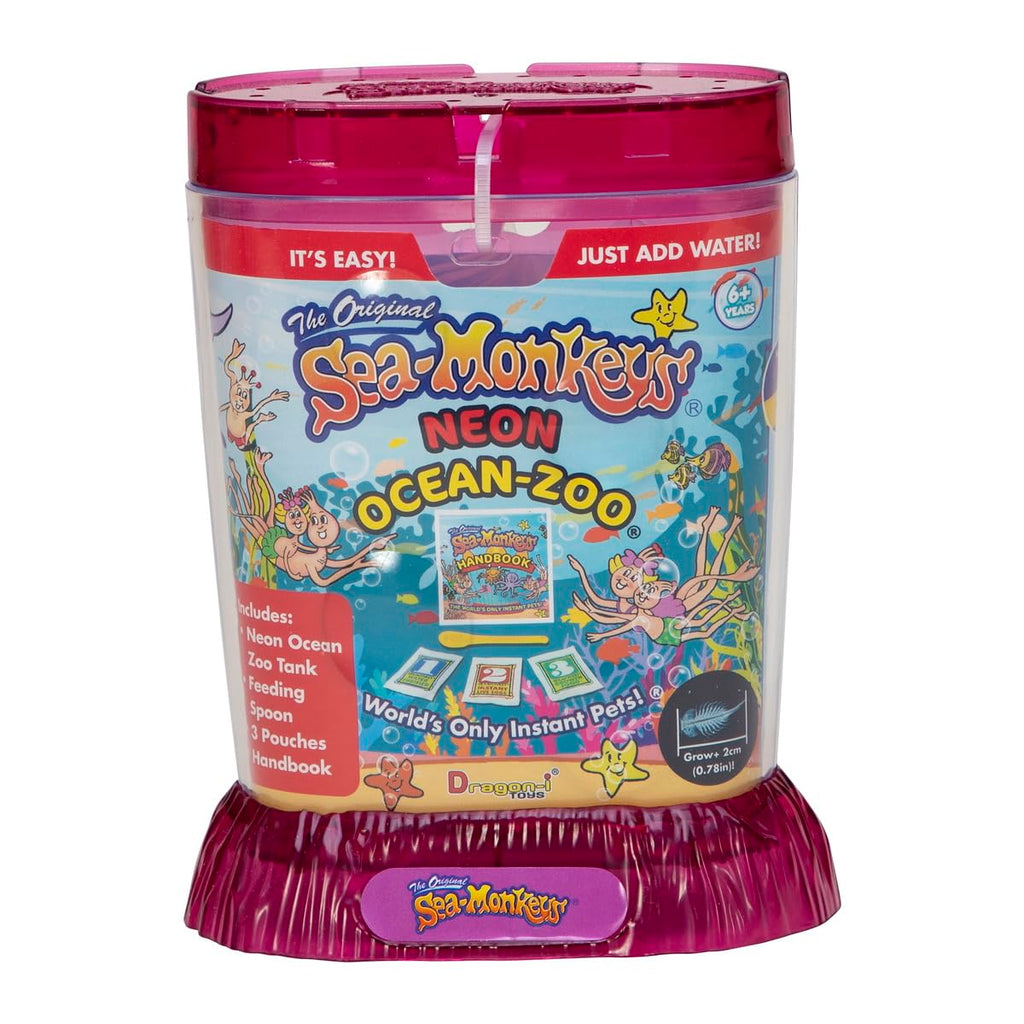 Authentic Sea Monkeys Ocean Zoo container emphasizing the side view magnifying bubbles designed for tracking shrimp growth stages