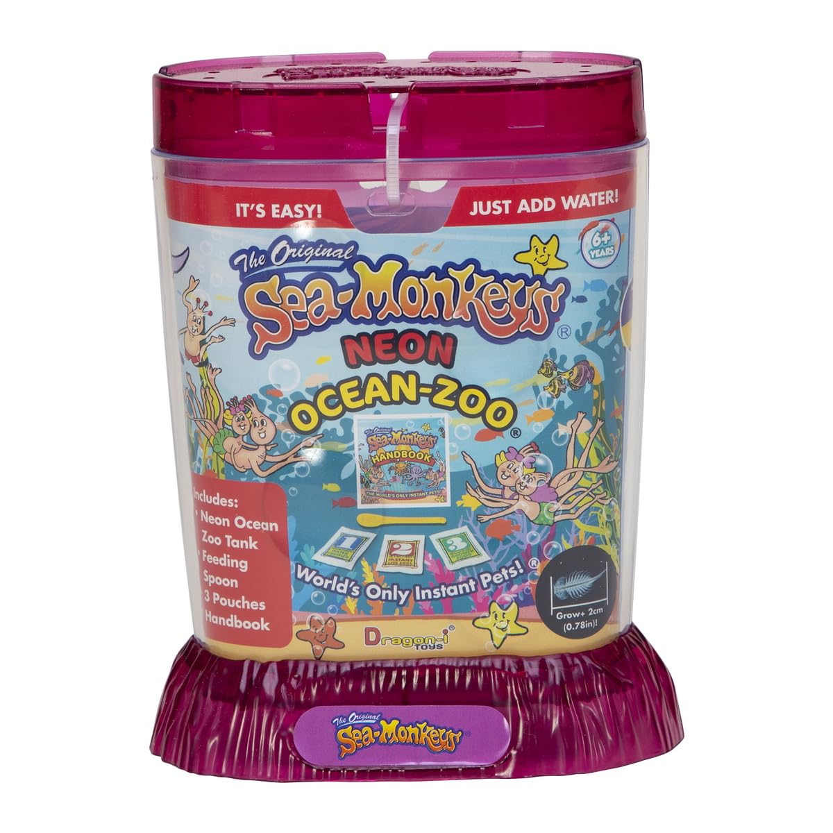 Authentic Sea Monkeys Ocean Zoo container emphasizing the side view magnifying bubbles designed for tracking shrimp growth stages