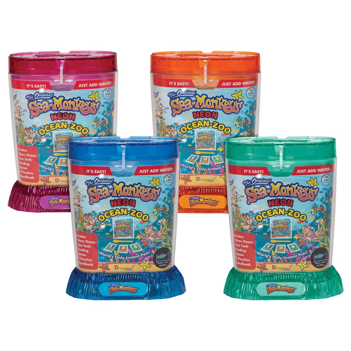 Side angle view of the vibrant pink yellow or green assorted neon Sea Monkeys tank showcasing the official product branding