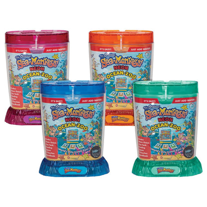 Side angle view of the vibrant pink yellow or green assorted neon Sea Monkeys tank showcasing the official product branding