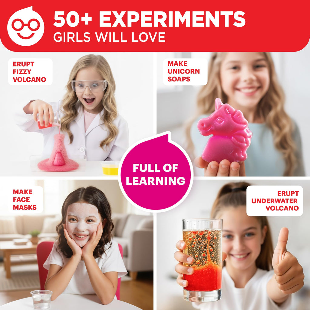 Young girl conducting a colorful chemical reaction experiment using the Doctor Jupiter STEM kit.