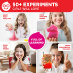 Young girl conducting a colorful chemical reaction experiment using the Doctor Jupiter STEM kit.