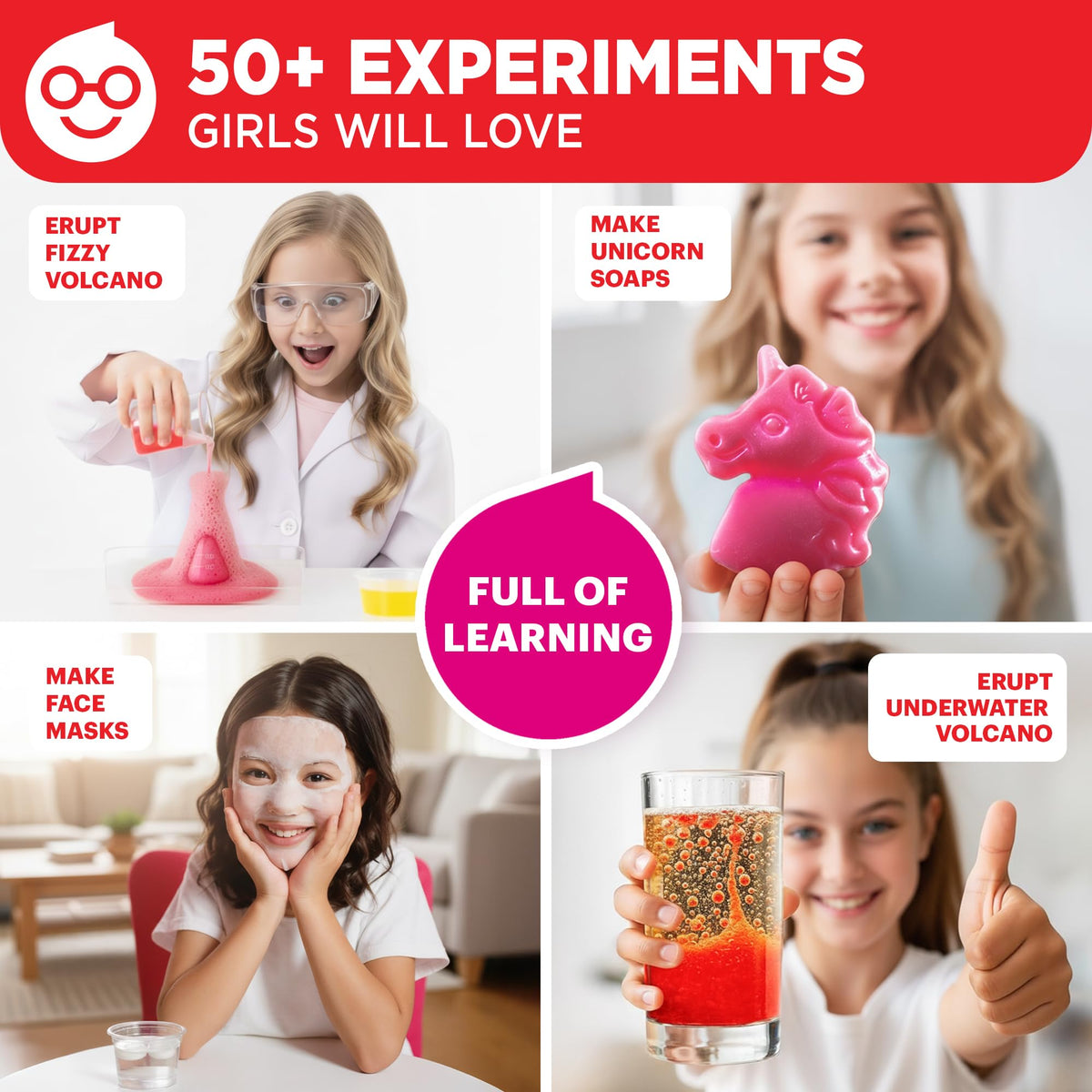 Young girl conducting a colorful chemical reaction experiment using the Doctor Jupiter STEM kit.