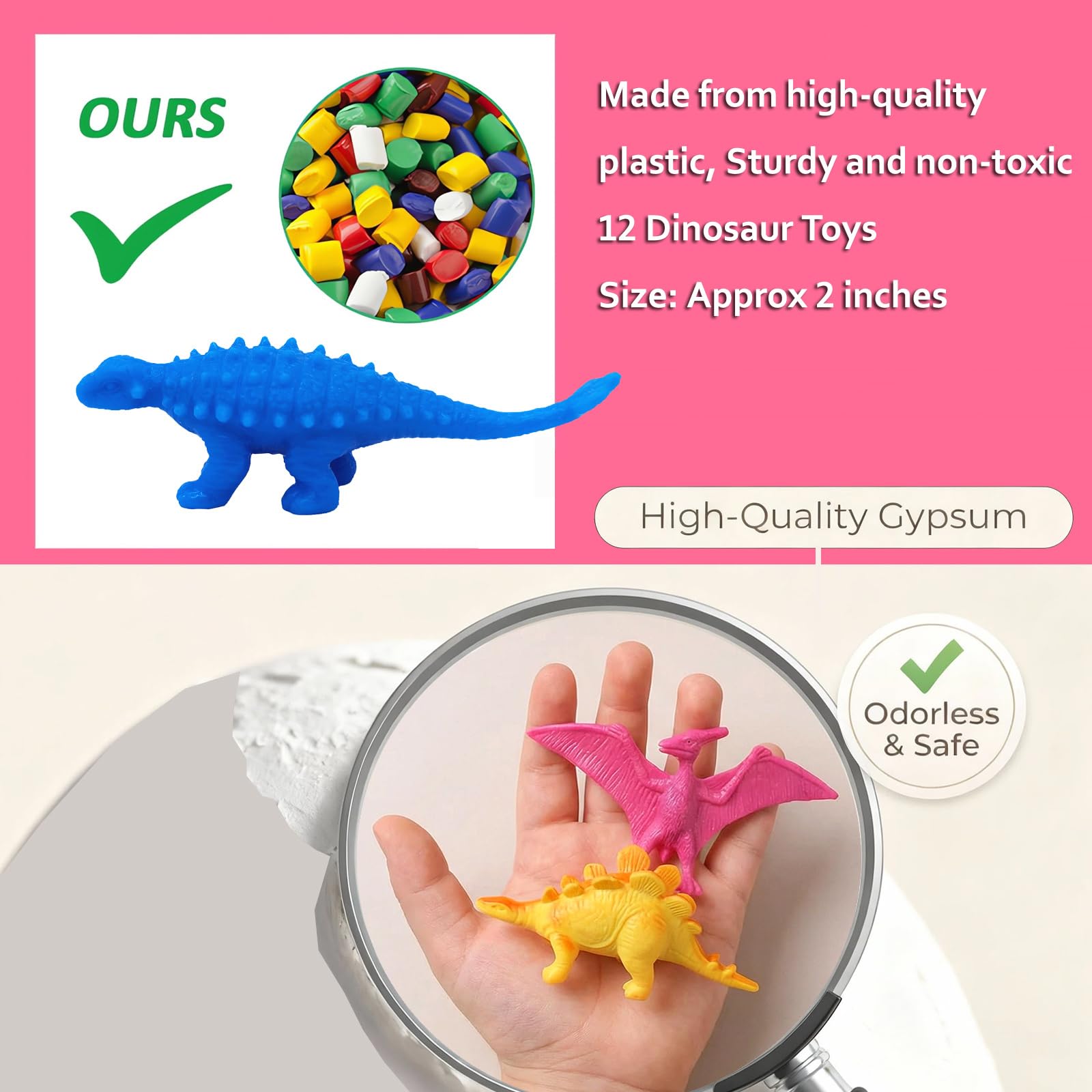 The complete set of twelve unique toy dinosaur figures revealed after plaster shell removal