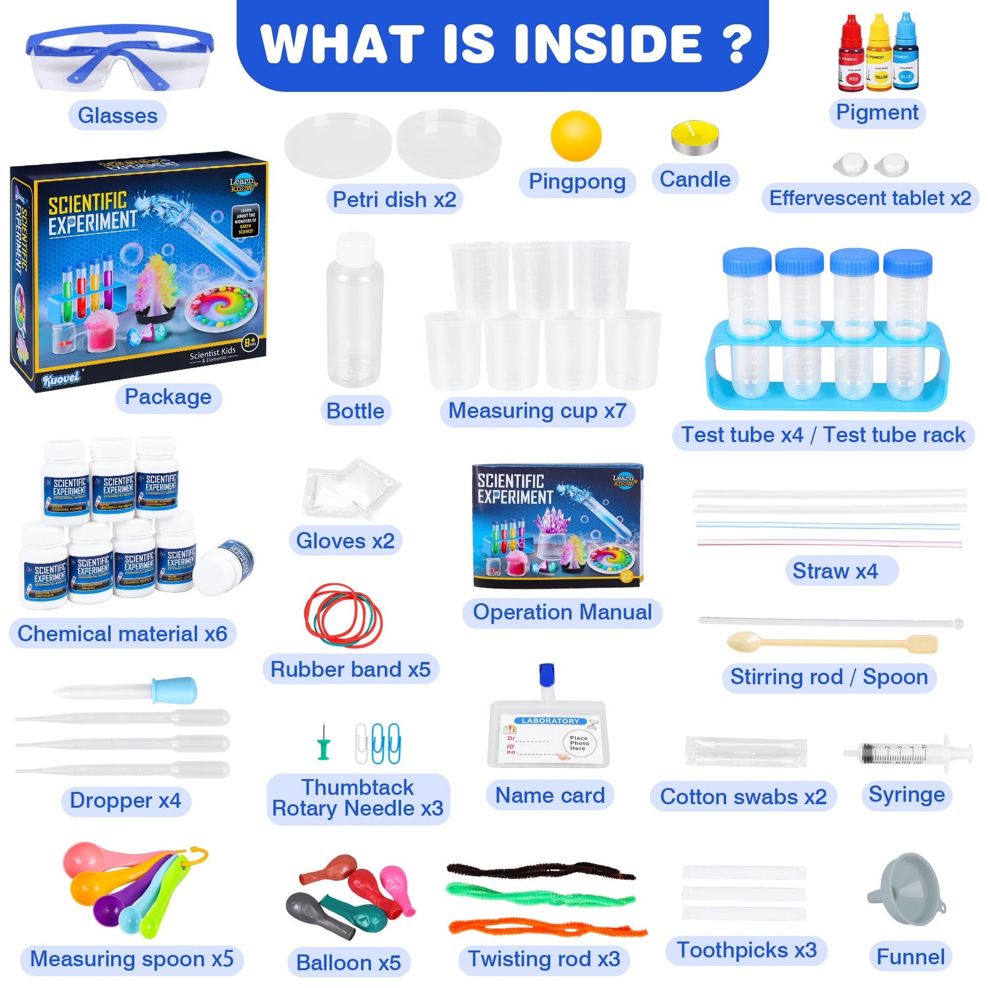 STEM educational learning tools including test tubes in a rack, beakers, and chemical reagent bottles.