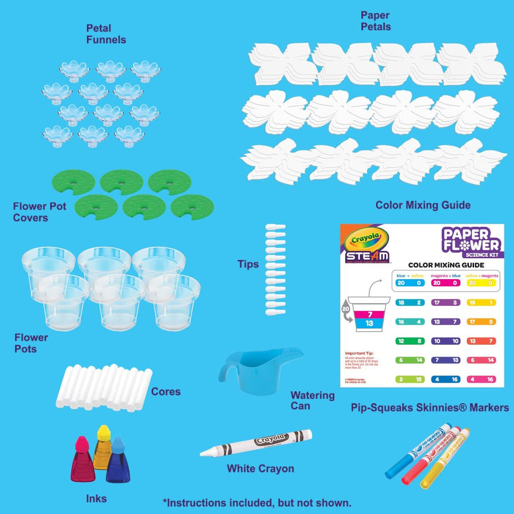 Crayola STEM toy setup with twelve plastic flower pots and watercolor ink bottles