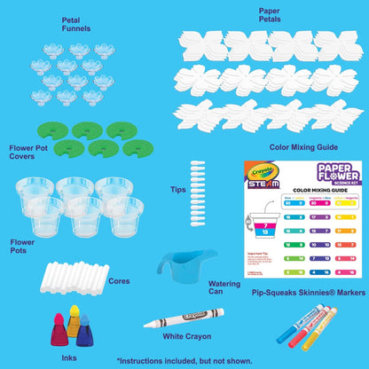 Crayola STEM toy setup with twelve plastic flower pots and watercolor ink bottles