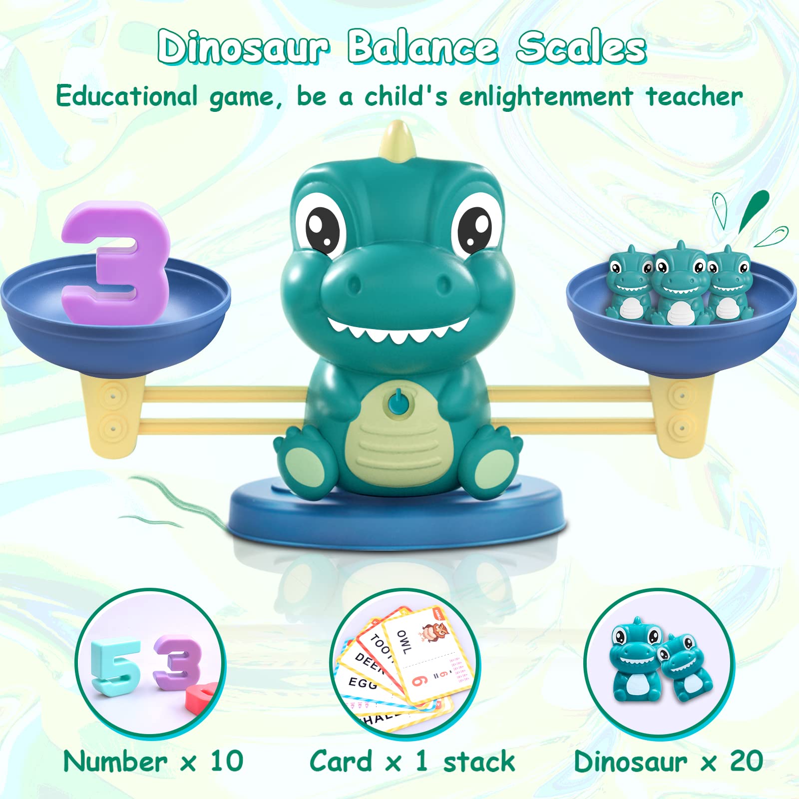 Montessori counting balance toy set including colorful weights and flashcards spread out clearly.